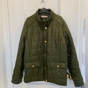 Tory Burch olive green short light puffer jacket. Size XL